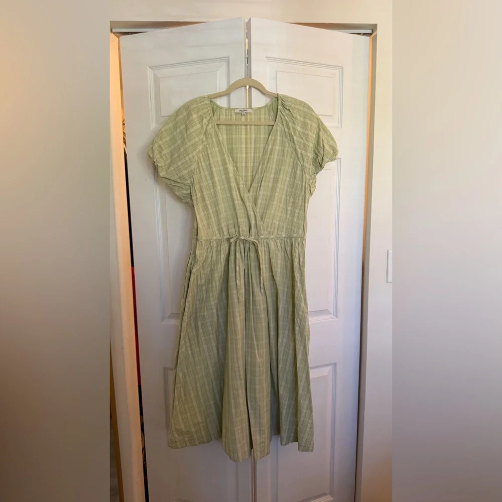 Madewell Light Green Plaid Midi Dress - Picture 3 of 6